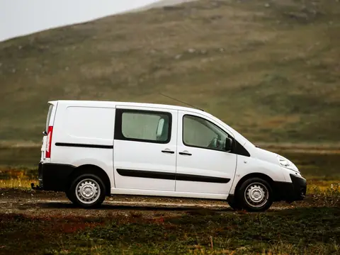 A plain white van parked at the edge of a field at dusk
